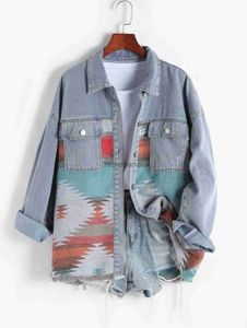 Kvinnorjackor Designer Jacket Womens Jacket Ethnic Aztec Tryckt Shacket Flap Pocket Lång ärm Skjorta Western Denim Spliced ​​Jacket - Multi -E S 240305