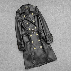 Kvinnor läder 2024spring mode fårskinn lång bälte metall dubbel breast casual trench coat