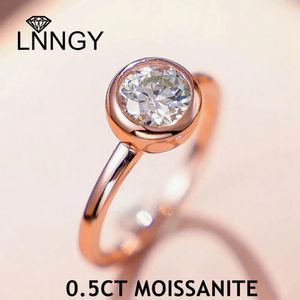 Lnngy 0.5CT Bezel Ring With Certificate 925 Sterling Silver Solitaire Engagement Rings for Women Wedding Jewelry Gift 240219