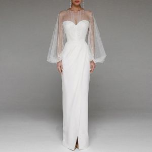 Платье Вечернее платье женское элегантное белое вечернее платье с пышными рукавами и высокой талией с разрезом из ажурной сетки для выпускного вечера свадебное длинное платье макси
