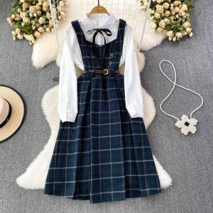 Dress Vintage Women Vestidos Fashion French Style Aesthetic Sets Two Pieces Blue Turn Down Collar Ladies Elegant High Wiast Dresses