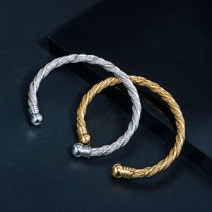 Wire 14k Gold Braided Bangle for Women Men Spring Link Wrap Open Adjustable Ball Bracelet Trendy Jewelry 2024