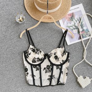 Camis Damen American Retro Print Camis Hot Sweet Floral V-Ausschnitt Crop Top Sommer Mesh Sheer Off Shoulder Korsett Vintage Beige Tuniken Y2k