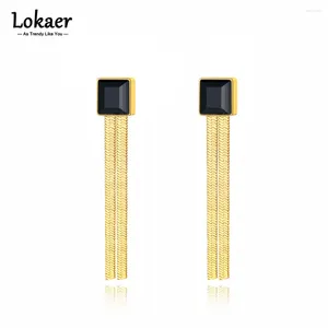 Studörhängen Lokaer Rostfritt stål Square Black Cubic Zirconia Snake Chain for Women Statement Golden Jewelry 18K PVD Plated E23104