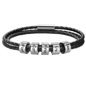 PERSONALISKA FAMILJ NAMNEMMELETS FÖR MÄN Anpassade rostfritt stålpärlor Charms Black Leather Magnet Armband Fathers Day Gifts 240227