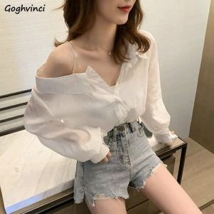 Gömlekler Kadın Katı Sokak Kapalı Omuz Kapalı Şık Seksi Lady Elegant Chic Sıcak Satış Uzun Kollu Gevşek Blusas Top Yeni Mujer