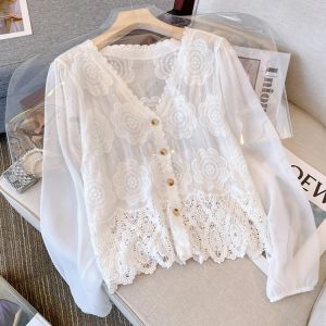 Camisa camisa chique para mulheres sólidas hollow out renda floral botão de manga comprida no estilo coreano verão camisas todo -poderoso dropshipping