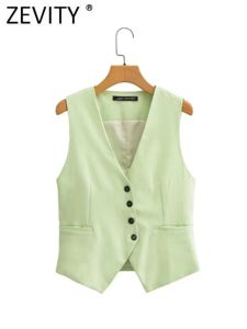 Waistcoats Zevity Women Fashion V Neck Solid Asymmetrical Breasted Slim Vest Jacket Office Ladies Sleeveless Casual WaistCoat Tops CT4371