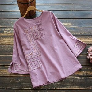 Hemd Herbst Chinesischen Stil Retro Stickerei Bluse Frauen Baumwolle und Leinen Lose Vintage Cheongsam Top Weibliche Casual Shirt