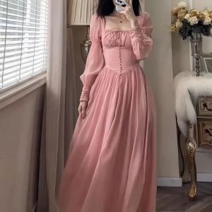ドレスフレンチレトロスクエアネックコルセットプリンセスプロムドレス女性2023春の長袖エレガントなピンクの女性ロングスリムイブニングドレス