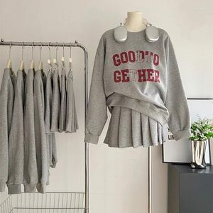 Women's Hoodies Autumn Winter Women Plush Pleated Skirt Sets Cute Vintage Grey Pullovers Two Piece Young Vitality Suits