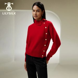 Pulôveres Lilysilk suéter de caxemira para mulheres 2023 inverno botão básico projetado ajustável gola alta férias top de luxo frete grátis