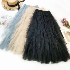 Vestidos moda tutu tule saia feminina longa maxi saia 2023 primavera verão coreano preto rosa cintura alta saia plissada feminina