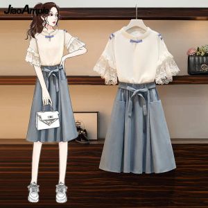 ドレス女性夏の甘い弓小屋レースホワイトシャツミディスカート2ピースドレスセット韓国学生カジュアルデイリートップスカート衣装2022