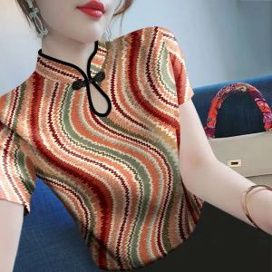 T-shirt Women Summer New Stand Collar Pullover Fashion Artistic Chinese Style Button Printed Leisure Tshirt Short Sleeve Versatile Tops