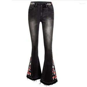 Женские джинсы стрейч-клеш женские с вышивкой цветочный дизайн широкие брюки джинсовые брюки с вырезом ботинок женские винтажные подиумные расклешенные брюки