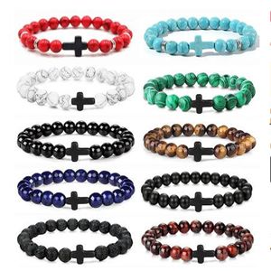 Men Natural Stone Bead Cross Bracelet Onyx Meditation Bracelet Women Yoga Jewelry Homme Pulser Lava Turquoise Beaded Bracelets