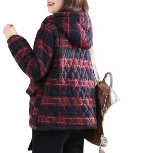 Parka Inverno Nuova Giacca con cappuccio Versione coreana Cartella allentata retrò per il tempo libero Moda Cotone Aggiungi cappotto da donna con stampa in lino di cotone spesso