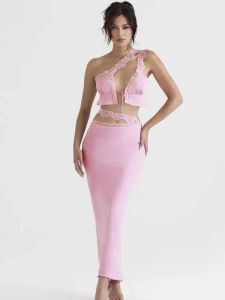 Rock Soolasea Sommer Frauen Spitze 2 Stück Set Sexy Elegant Rosa One Shoulder Crop Top und Langer Rock Set Satin Abend Partykleid