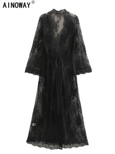 Kleid Vintage Chic Frauen Fledermaus Ärmel Lose Strand Bodenlangen Böhmischen Kimono Kleid Damen V-ausschnitt Schärpen Spitze Sommer boho Robe