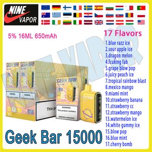 Original Geek Bar 15000 Puff Descartável Vape Pen Cigarro Eletrônico 16ml 17 Sabores 650mAh Dispositivo de Ar Condicionado Recarregável Puff 15k Vape kit