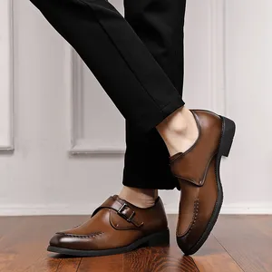 Monk Strap Men PU Solid Color Low Heel Buckle Business Formal Men Loafers Shoes E7816