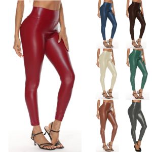 Capris Colorful Faux Leather Pants Leggings Women High Waist Skinny Hip Lifting Pencil Jeggings Stretchable Imitation Leather Trousers