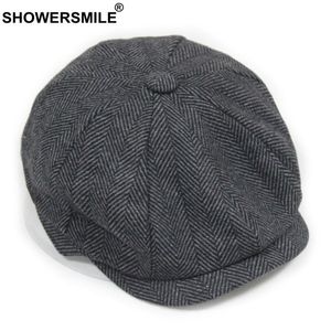 SHOWERSMILE Black Grey Wool Hat Man Newsboy Caps Herringbone Tweed Warm Winter Octagonal Hat Male Female Gatsby Retro Flat Caps S12871