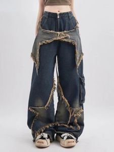 Jeans femininos americano retro cintura alta calças de grandes dimensões para mulheres casual baggy y2k perna larga grunge streetwear retalhos denim calças