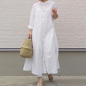 Klänning lady maxi klänningar bomull linne sundress långärmad sommarklänning kvinnor vit knapp fast färg lös elegant strand vestido mantel