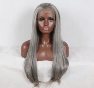 Fantasy Beauty 180 platino grigio argento parrucca anteriore in pizzo sintetico dritto senza colla capelli resistenti al calore per afro-americano6777519