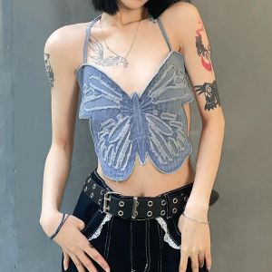 Camis Schmetterling Jeans Crop Top Rückenfreies Träger Camis Sexy Blau Niedlich Party Sweats Frauen Strand Urlaub Mini Weste Sommer T-shirt