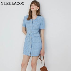 Dress Tweed Dress Blue WomenSpring/ autumn 2023 New Elegant kneelength Mini dress ladies slim bottoming dress onepiece