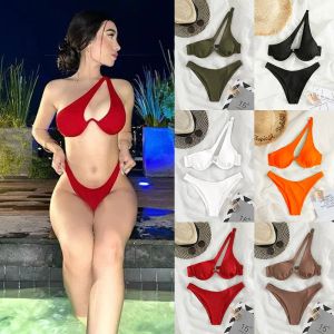 Set 2023 Europa e America New Multicolor Triangolo sexy Ladies Split Costume da bagno Tinta unita Monospalla Piastra in acciaio Bikini Suit