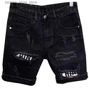 Men's Shorts New Mens 2024 Hole Stickers Fashion Hole Denim Short Pants Black Hip Hop Jeans Shorts Q240529