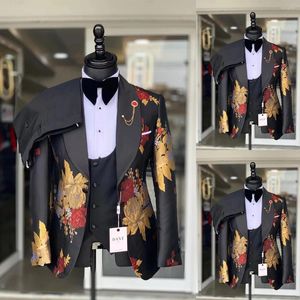 Ternos masculinos moda casamento smoking masculino padrão floral um botão xale lapela personalizado 3 peças noivo usar blazer colete calça