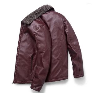 Men's Jackets Mens Leather Jacket Thick Fluffy Wine Red Biker Oversize Men Winter Casual PU Faux Fur Collar Coat Male 8xl 7xl