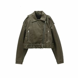 Zvri Women Vintage Loose Pu Faux Leather Short Jacket med Belt Streetwear Female Zipper Retro Moto Biker Coat Outwear Tops 240305