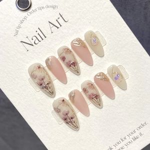 Prensa de amêndoa artesanal em unhas, pintura à mão coreana, adesivo reutilizável, falso com design, manicure artificial acrílica para meninas 240229