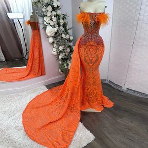 Vestido de baile de sereia laranja brilhante, ombro de fora, miçangas laranja, penas, vestidos de noite, longo, vestido de festa, feito sob encomenda