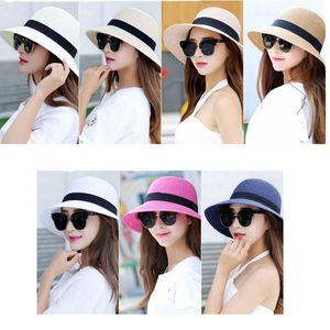 Ladies Summer Wide Brim Sun Hat Women Floppy Sunhat Outdoor Folding Beach Straw Hats UV Protection Cap med Ribbon Whole2618
