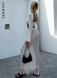 Work Dresses BoozRey Solid Knitted 2 Piece Set Robe Dress Women Beach Summer Hollow Long Sleeve Top Tassel Skirt Outfits Maxi Sundress