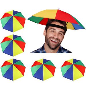 Portable Rainbow Sun Rain Umbrella Hat Foldable Outdoor Sunshade Waterproof Camping Fishing Golf Gardening Headwear Cap Beach Head Hats Hands Free Umbrellas HW199