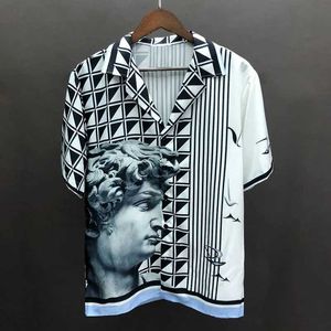 Men's T-Shirts 2023 Color Contrast Portrait Print Short Sleeve Shirt Streetwear Social Party Blusa Camisa Masculina Hawaii Shirt Chemise Homme J240305