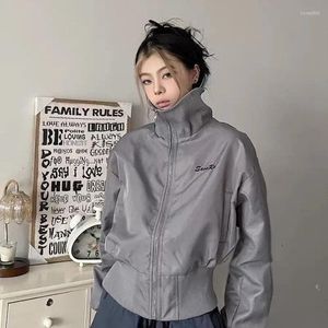 السترات النسائية Houzhou Vintage Gray Short Jacket Women Harajuku Japanese Y2K كبير الحجم المحصول في الشارع الجمالية الكورية