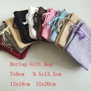 Jewelry Pouches 100pcs Vintage Natural Burlap Gift Bag Linen Jute Drawstring Packing Sachet Christmas Party Bags