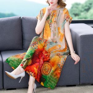 Vestido feminino impressão de seda natural cintura solta plus size vestido feminino coreano vintage casual midi vestido verão elegante vestido de manga curta