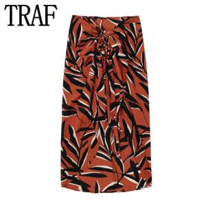 Юбка TRAF с принтом и запахом, женские длинные юбки-парео для женщин, мода 2023, винтажная пляжная юбка-миди с высокой талией и разрезом, летние юбки