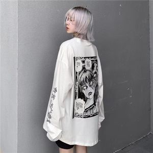Early autumn top Korean version womens Harajuku wind mourning Department dark printing loose casual backing Long Sleeve White T-Shirt 210406