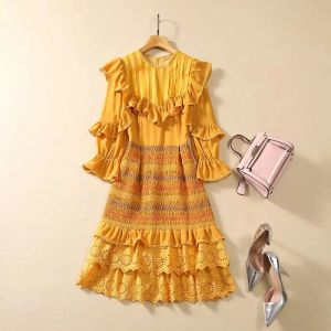 Dress Novia Party 2024 Spring Summer Dress High Quality Women Ruffle Floral Deco 3/4 Sleeve Slim Fit & Flare Dress Rose Red Yellow XXL